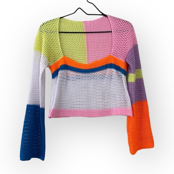 Crochet Colorblock Y2K Cropped Open Knit Sweater Bright Vibrant Top Size Large - Picture 1 of 11